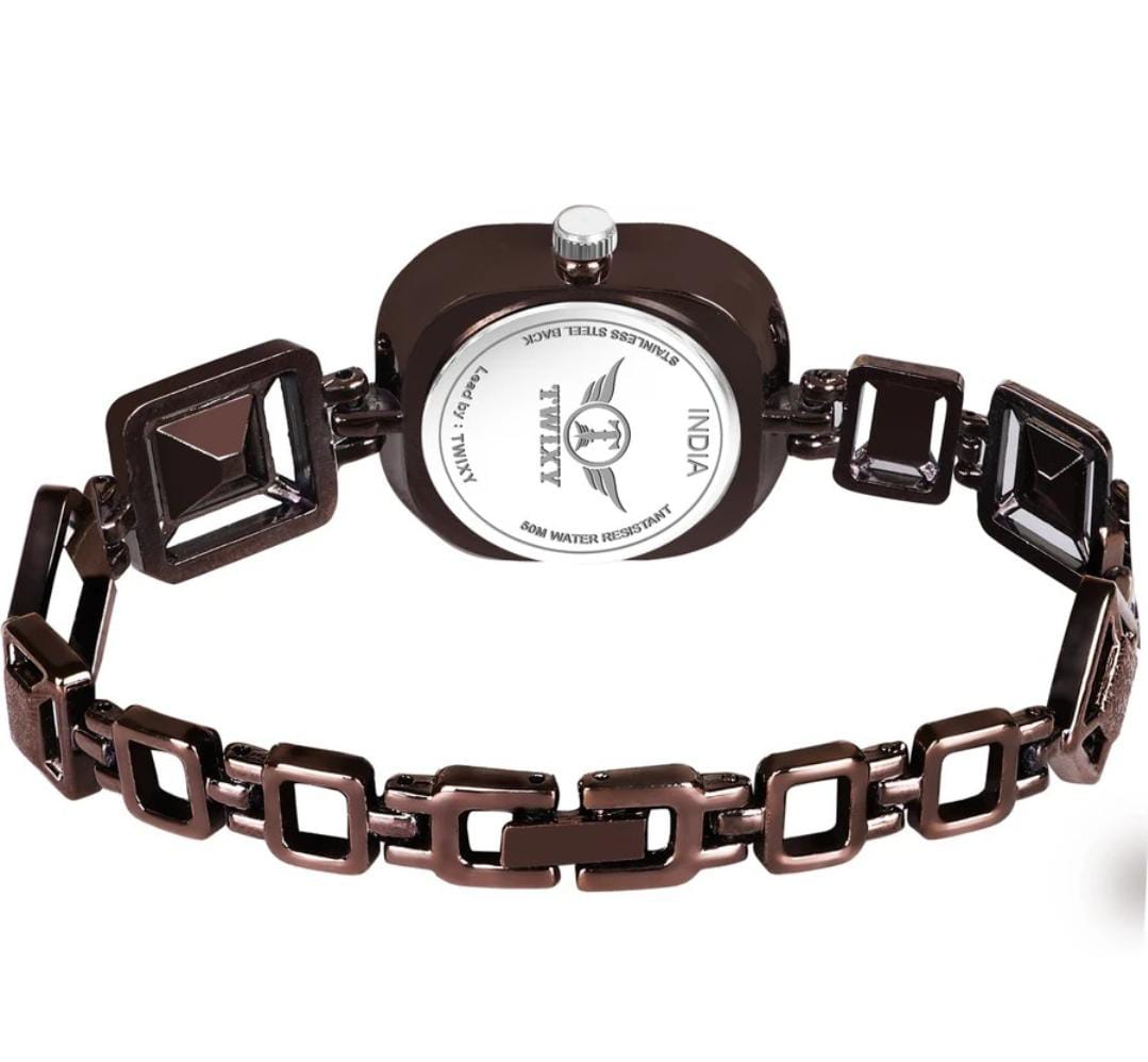 Premium Quality Special Watch Analog Watch - For Girls Premium Square Design Silver Stone Studded & Brown Strap