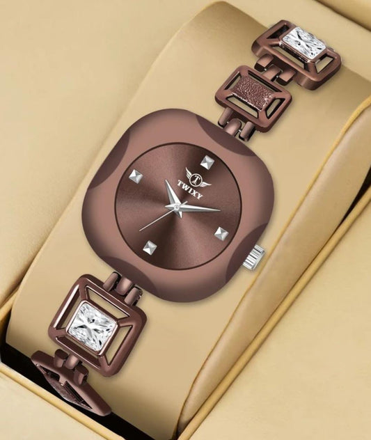 Premium Quality Special Watch Analog Watch - For Girls Premium Square Design Silver Stone Studded & Brown Strap