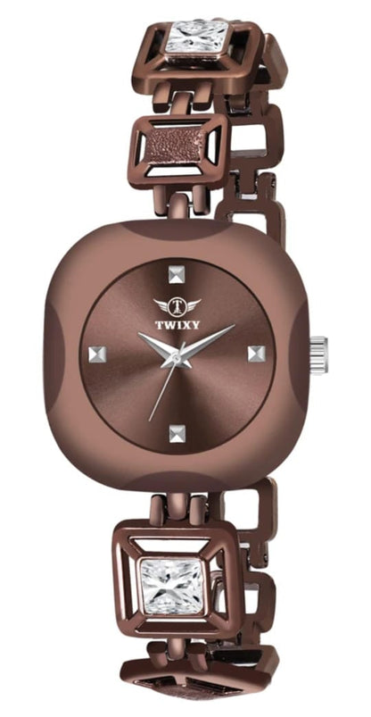 Premium Quality Special Watch Analog Watch - For Girls Premium Square Design Silver Stone Studded & Brown Strap