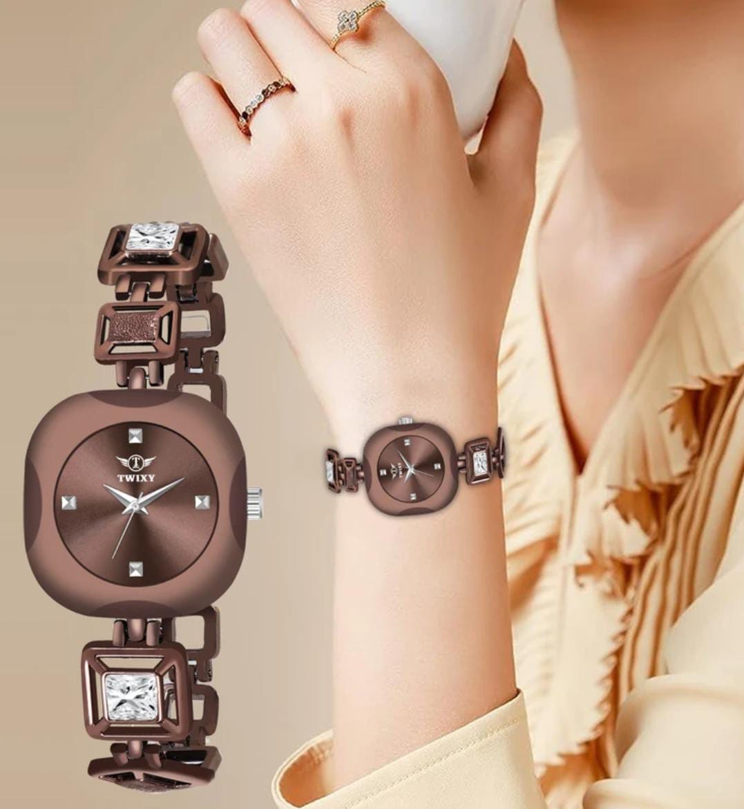 Premium Quality Special Watch Analog Watch - For Girls Premium Square Design Silver Stone Studded & Brown Strap