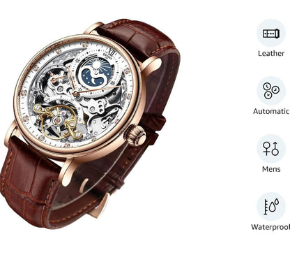 imax Pantonic Men's Luxury Skeleton Automatic Watch | Self-Winding Leather Strap Mechanical Wristwatch