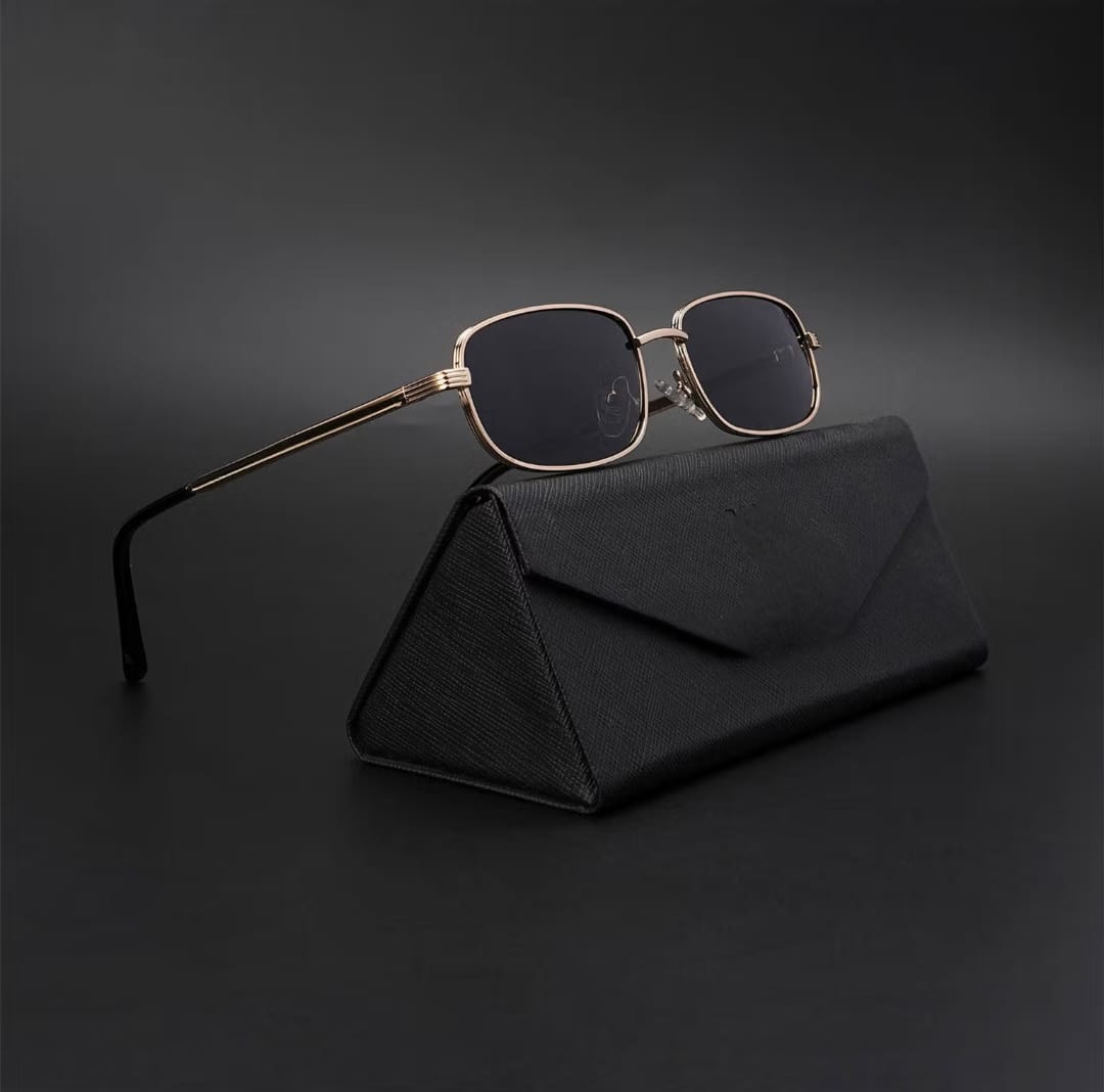Sunglasses |Unisex Black Lens Gold Frame Rectangle Sunglasses - ZESG92