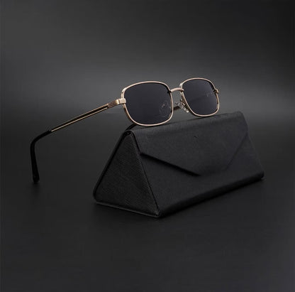 Sunglasses |Unisex Black Lens Gold Frame Rectangle Sunglasses - ZESG92